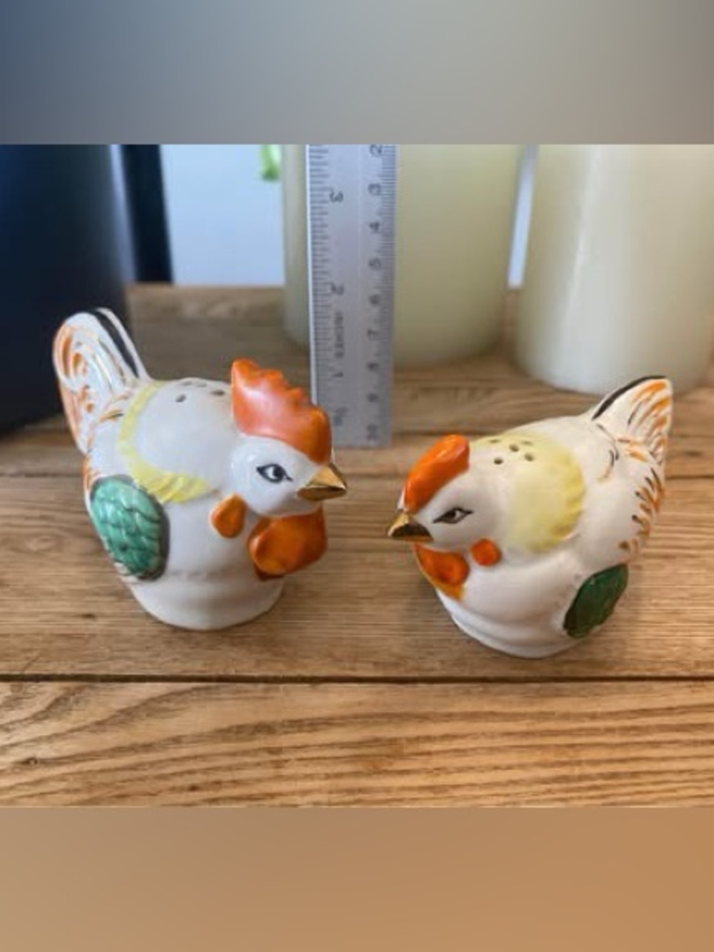 Vintage Japan Hand Painted Ceramic Rooster & Hen Salt and Pepper Shakers Set